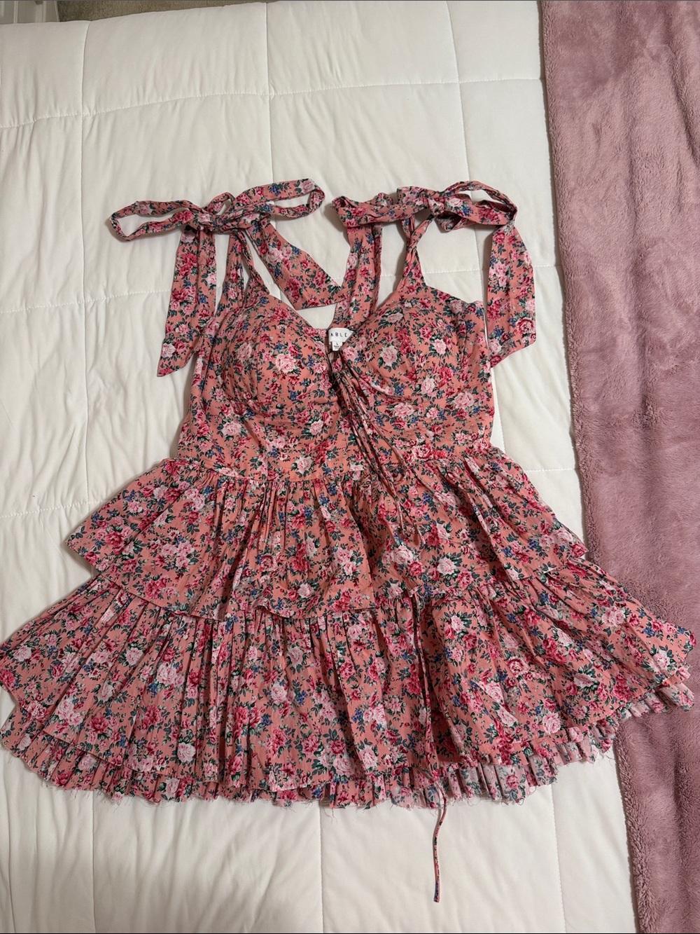 Pink Floral Bow Tie-Shoulder Mini Dress